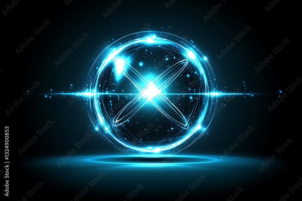 Poster glowing orb with intersecting lines in a dark futuristic environment