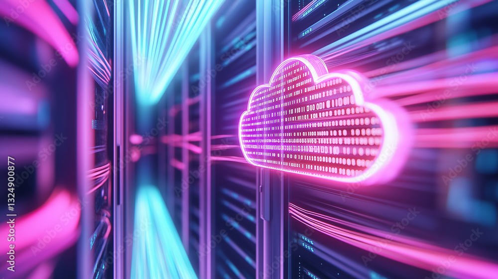Poster a glowing neon cloud icon represents cloud computing and data storage in a futuristic server environ