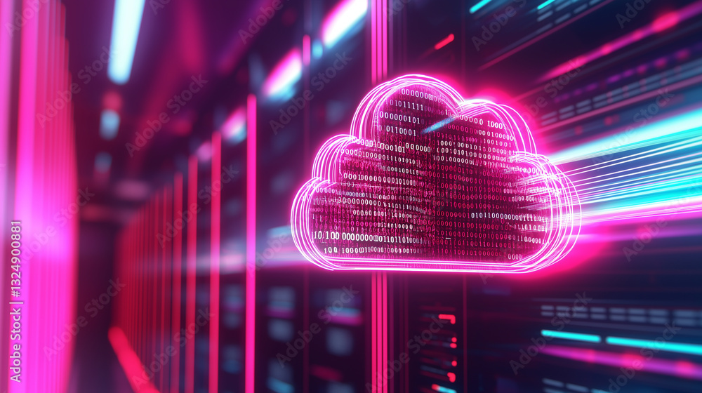 Poster a glowing neon cloud icon represents cloud computing and data storage in a futuristic server environ