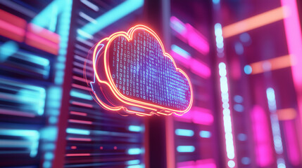A glowing neon cloud icon represents cloud computing and data storage in a futuristic server environment.