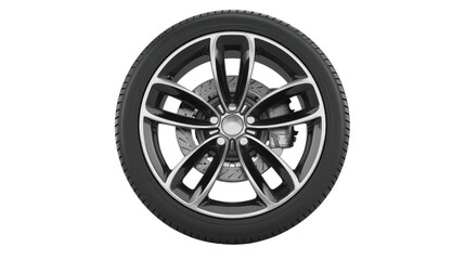 Car wheel rotating on transparent background with visible brake disc