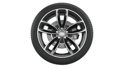Car wheel rotating on transparent background with visible brake disc