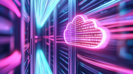 A glowing neon cloud icon represents cloud computing and data storage in a futuristic server environment.