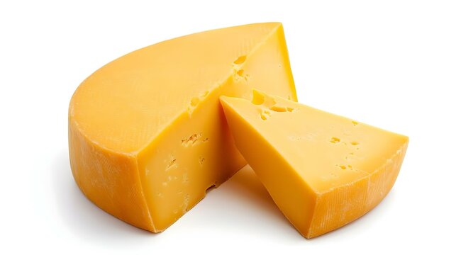 Keju Cheddar utuh dan irisan terisolasi di latar belakang putih. Makanan Amerika