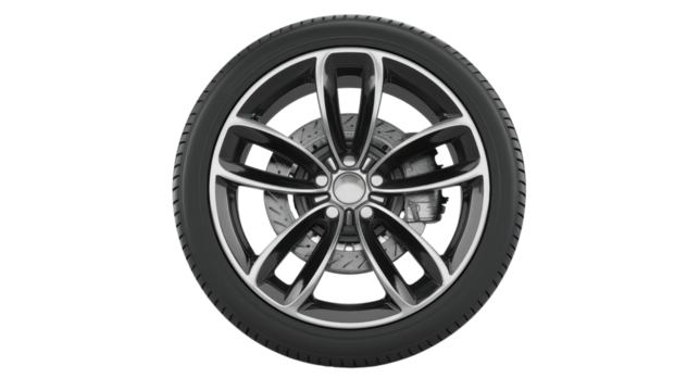 Car wheel rotating on transparent background with visible brake disc