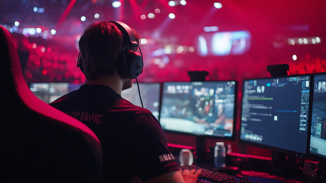 A video producer wearing headphones monitors multiple screens in a live broadcasting setup with vibrant red lighting.
