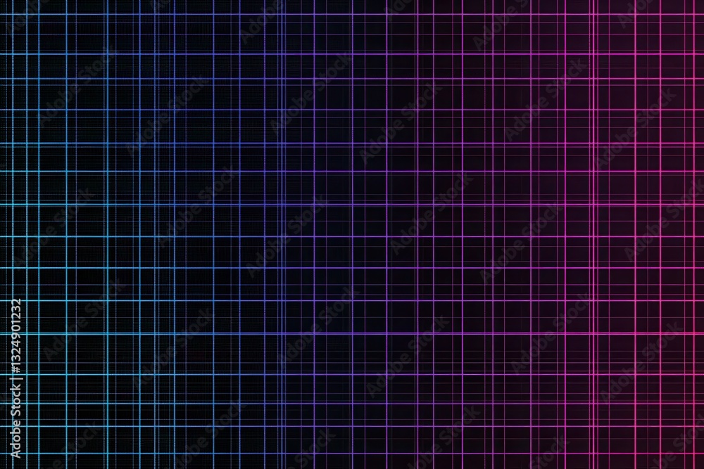 Poster glowing neon grid pattern in blue and purple shades with ample space for text in modern digital desi