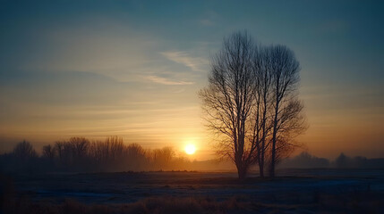 Obraz premium Silhouette Trees Against A Vibrant Orange Sunset Sky Over A Wide Open Field And Horizon