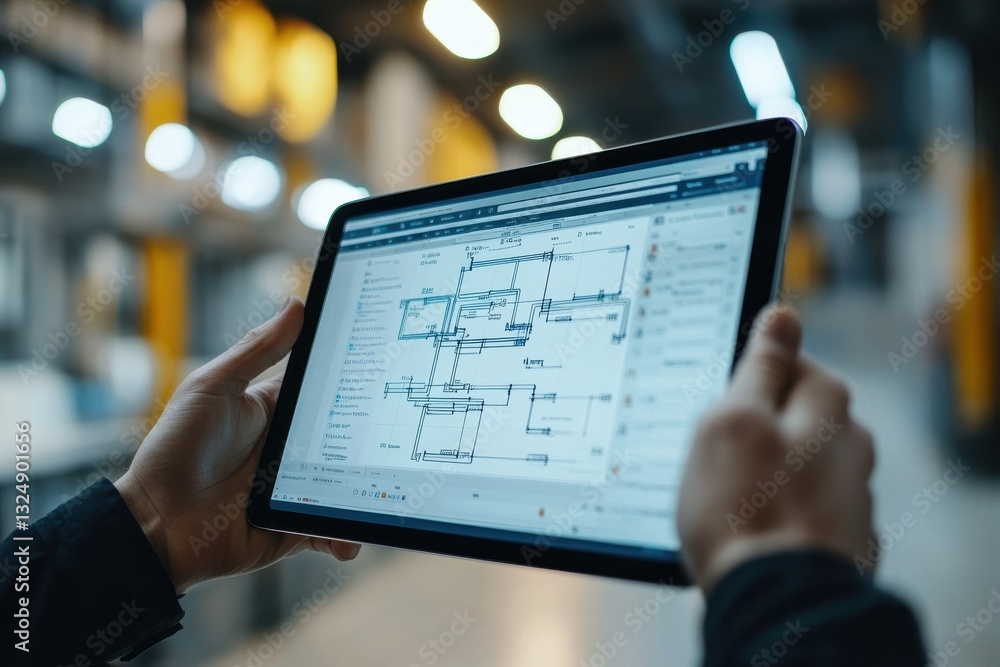 Fototapete Analyzing business data trends with a tablet in a vibrant urban setting during twilight hours