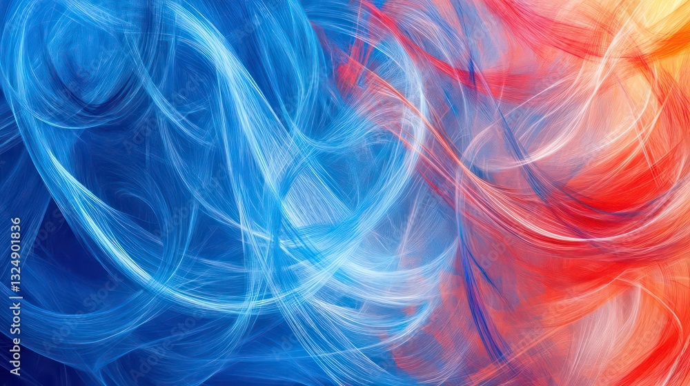 Poster abstract image with flowing lines in vibrant blue and red hues. ideal for dynamic backgrounds, moder
