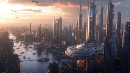 Naklejka premium Futuristic Cityscape at Sunset: A Metropolis of Tomorrow