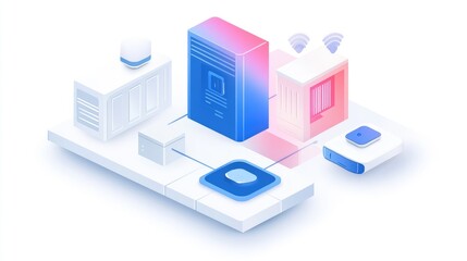A concept visualization of IoT Internet of Things with interconnected smart devices and microprocessors.