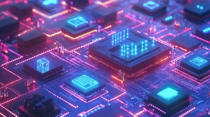 Obraz premium A concept visualization of IoT Internet of Things with interconnected smart devices and microprocessors.