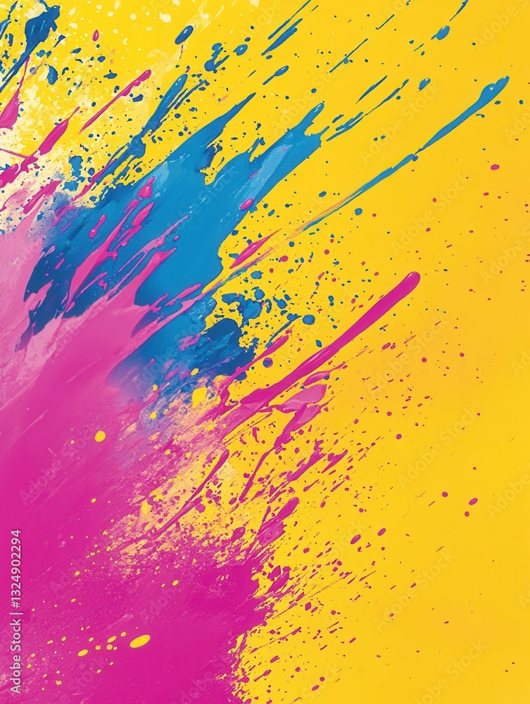 Poster vivid color splashes create dynamic background with iridescent yellow, pink, and blue tones for crea