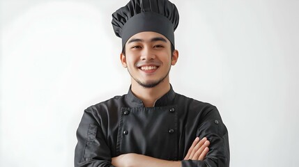 Smiling Asian Chef in Black Uniform Isolated on White Background