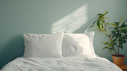 Minimalist Bedroom Interior Featuring White Bedding Green Wall and Potted Plant with Natural Light and Shadow