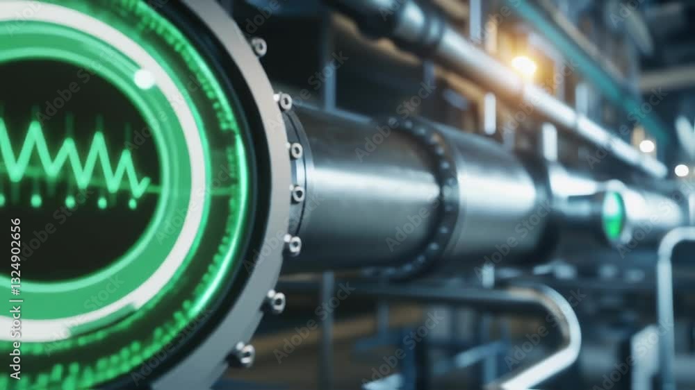 Poster innovative monitoring system integrated within an industrial pipeline, featuring a circular green di