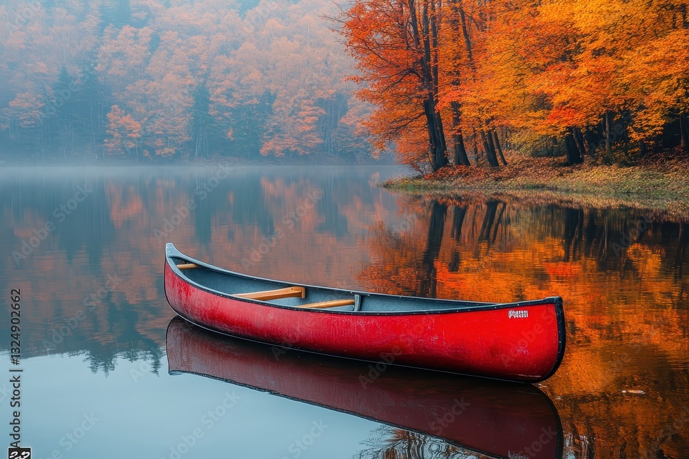 Aufkleber canoe floating on calm lake surrounded by vibrant autumn foliage in a tranquil setting at sunset