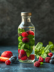 Refreshing infused water with berries and mint leaves