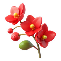 red orchid branch, 3D PNG plastic style, isolated transparent background	
