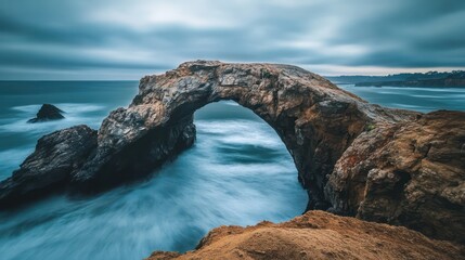 A rocky archway spanning over ocean water under a cloudy sky