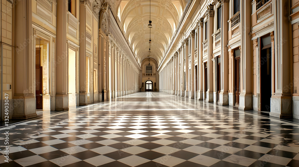 Poster Long Hallway Architecture With Columns Checkered Floor And Symmetry In Soft Light