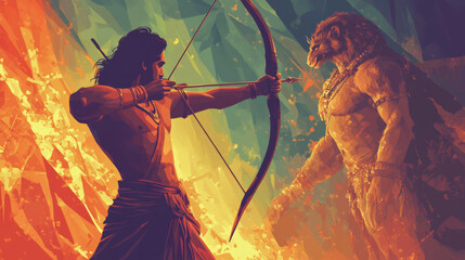 Vector illustration of Lord Rama with arrow killing Ravana in Dussehra Navratri festival. Low Poly wireframe digital art on white background. Polygon abstract mash line and point origami with triangle