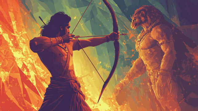 Vector illustration of Lord Rama with arrow killing Ravana in Dussehra Navratri festival. Low Poly wireframe digital art on white background. Polygon abstract mash line and point origami with triangle