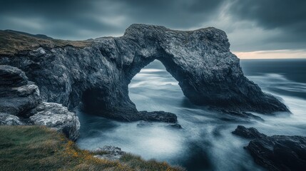A natural stone arch spans across the ocean under stormy skies