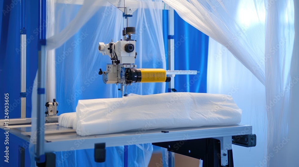 Aufkleber a fabric quality testing station with precision tools analyzing textile durability, strength, and el