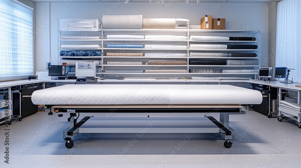 Aufkleber a fabric quality testing station with precision tools analyzing textile durability, strength, and el