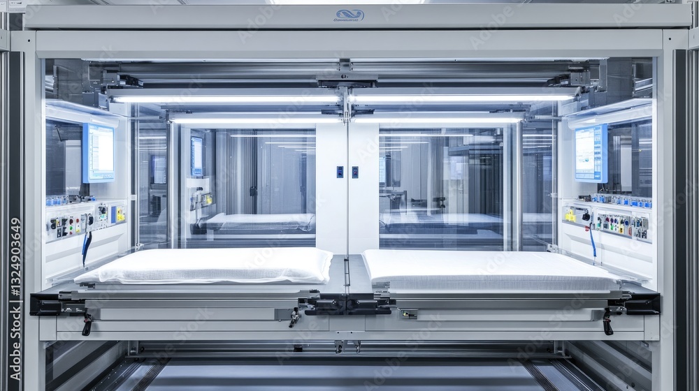Poster a fabric quality testing station with precision tools analyzing textile durability, strength, and el