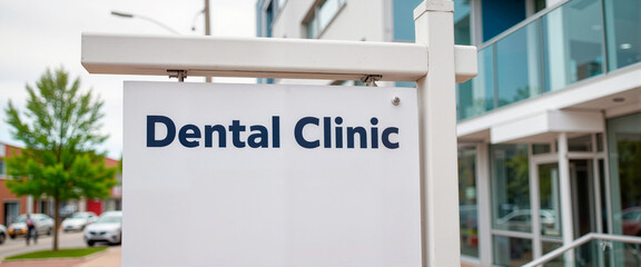 Modern dental clinic sign on busy street in daylight, professional branding