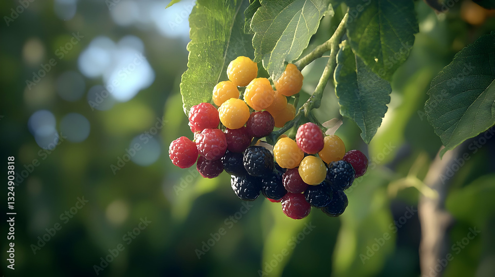 Poster close up view of a branch with colorful berries showing red yellow and black fruit in sunlight with 
