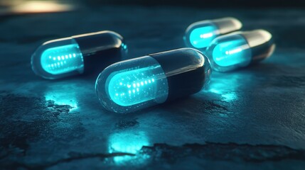 A futuristic concept of smart pills with embedded nanotechnology for targeted drug delivery.