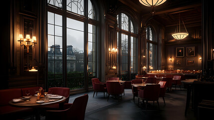 Elegant Interior Of A Classic Dining Room With Red Chairs Tables And Large Windows With Exterior View