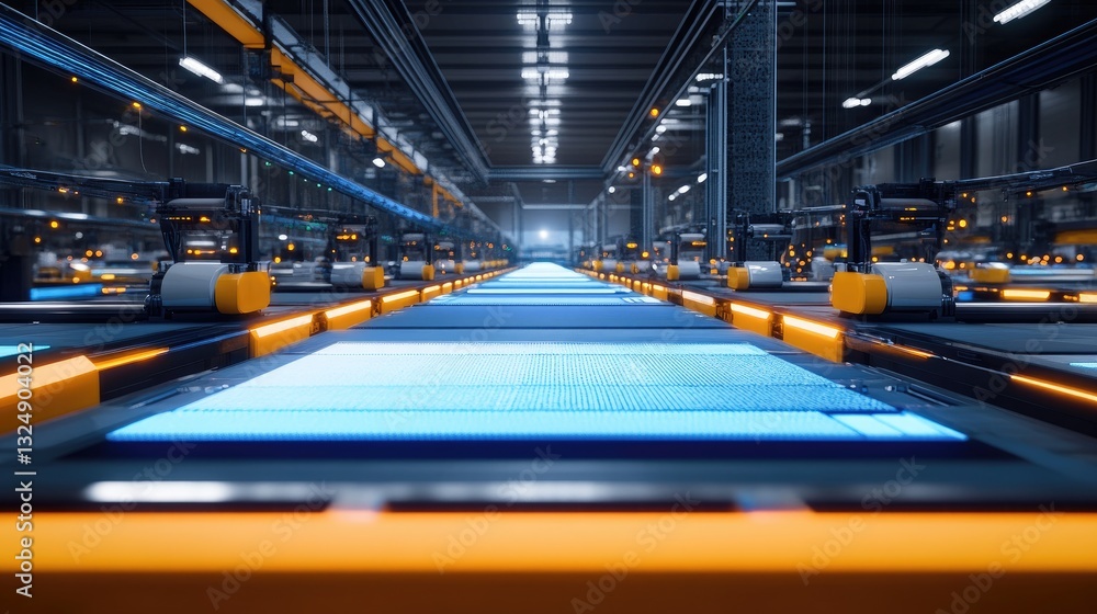 Poster a futuristic factory floor with smart textile robots autonomously managing fabric production lines.