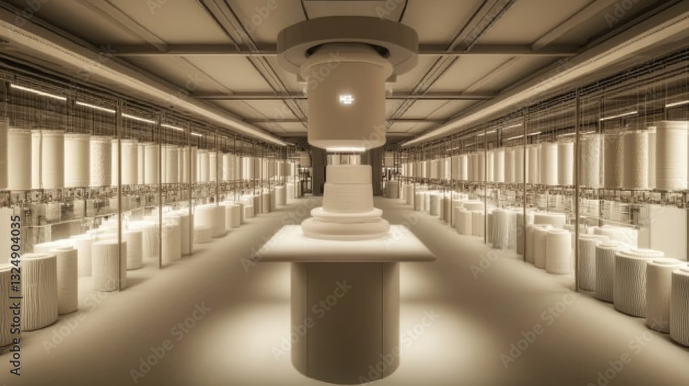 Poster a futuristic factory floor with smart textile robots autonomously managing fabric production lines.
