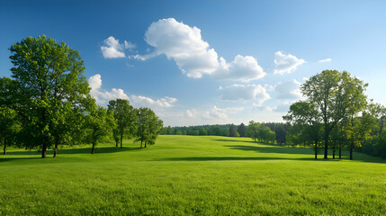Obraz premium Green Field with Trees Under a Bright Blue Sky with Fluffy White Clouds a Sunny Summer Landscape