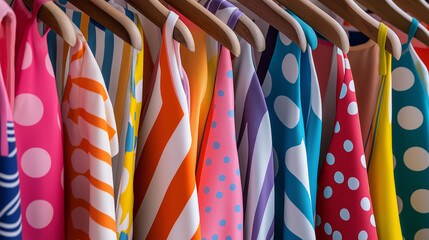 A row of vibrant, colorful summer dresses with floral and polka dot patterns hanging on a clothing rack.