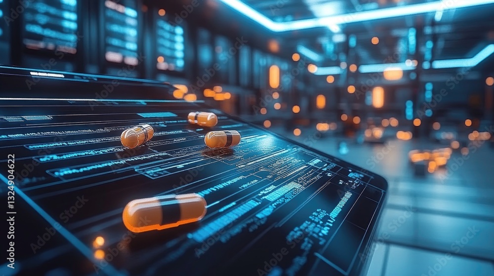 Poster a futuristic representation of pharmaceutical blockchain technology, symbolizing transparency in dru
