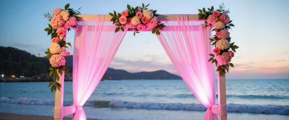 Elegant wedding arch adorned with roses at beachside dusk, romance