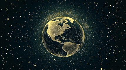 Fototapeta premium Low poly illustration of the Planet of Earth with a golden dust effect. Sparkle stardust. Glittering vector with gold particles on dark background. Polygonal wireframe from dots and lines.
