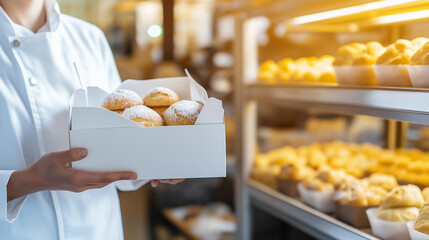 A baker in a white uniform holding a box of freshly baked pastries in a bakery filled with golden bread and sweets.
