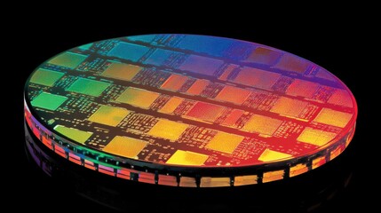 Obraz premium A glowing silicon wafer with etched microchip patterns, symbolizing the foundation of the electronics industry.
