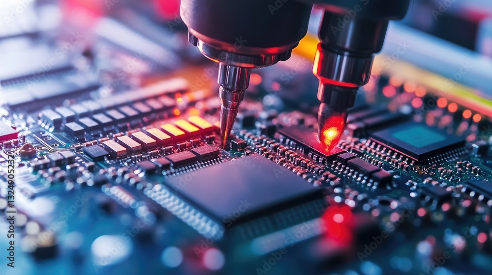 Aufkleber a high-resolution close-up of a robotic arm placing microchips on a circuit board in a cleanroom.