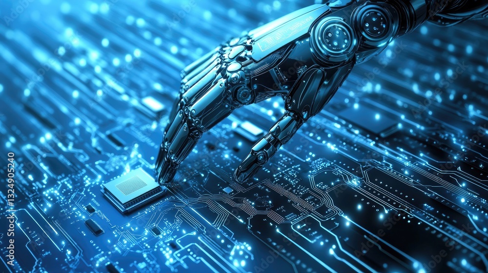 Aufkleber a high-resolution close-up of a robotic arm placing microchips on a circuit board in a cleanroom.