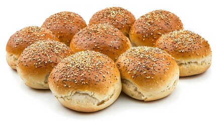 Ten Sesame Seed Dinner Rolls Isolated on White Background