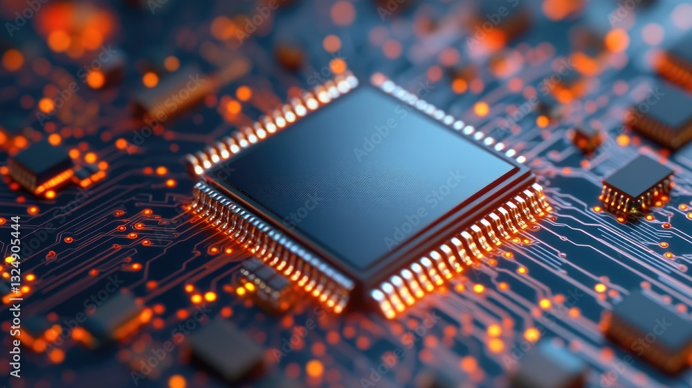 Poster a high-speed camera capturing the intricate process of a microchip being embedded onto a circuit boa