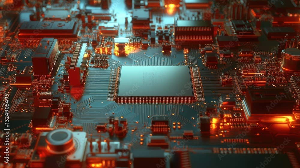Poster a high-speed camera capturing the intricate process of a microchip being embedded onto a circuit boa